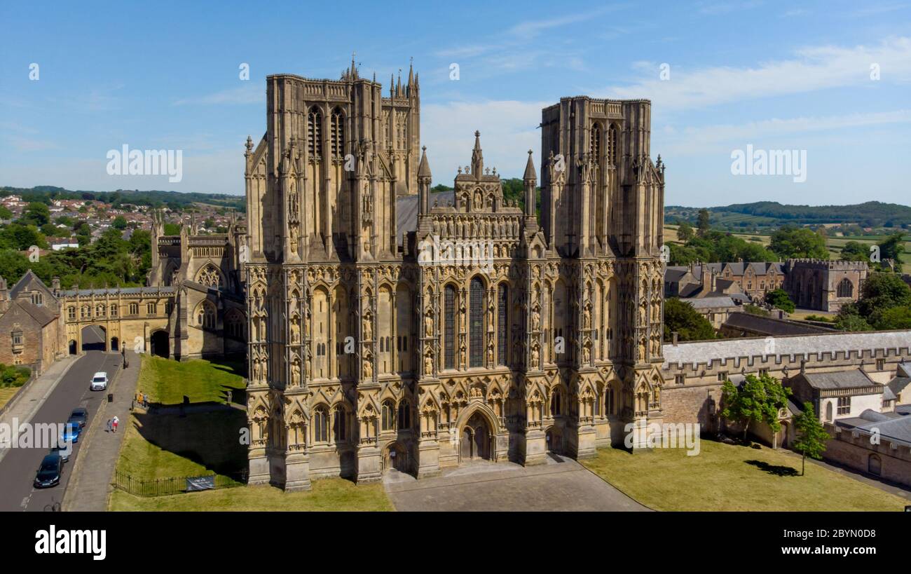Wells, Somerset UK - June 2020: Aerial view of Wells Cathedral and the surrounding fields in Somerset. Stock Photo