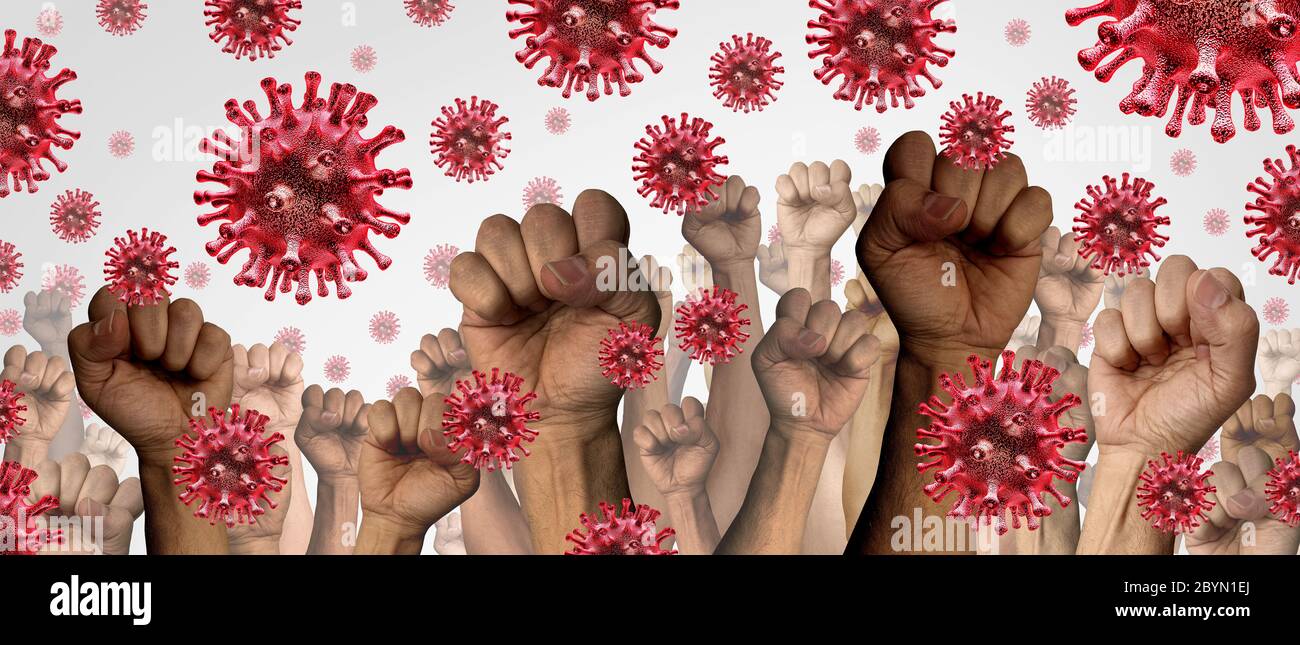 Pandemic outbreak demonstration and crowd of protesters protesting during coronavirus or covid-19 virus or flu spread as hands in a fist of diverse. Stock Photo