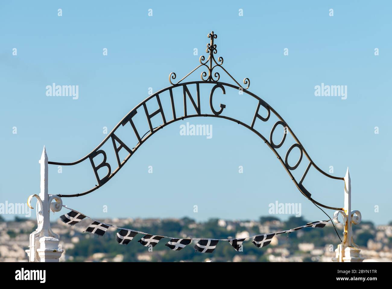 A Bathing Pool sign at the Jubilee Bathing Pool Lido in Penzance, Cornwall, UK. Stock Photo