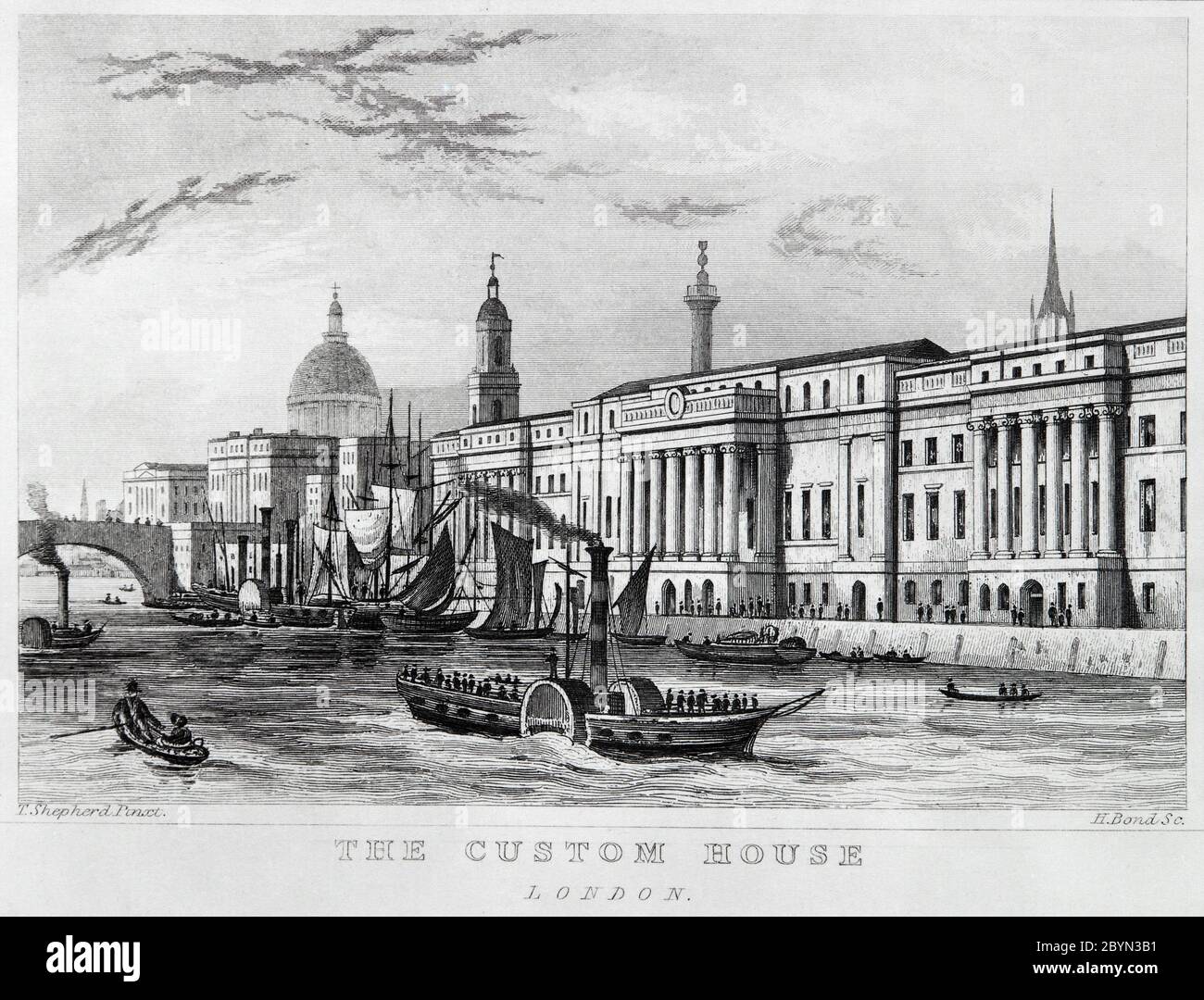 An early nineteenth century etching showing The Custom House on the north bank of the River Thames in London. Stock Photo