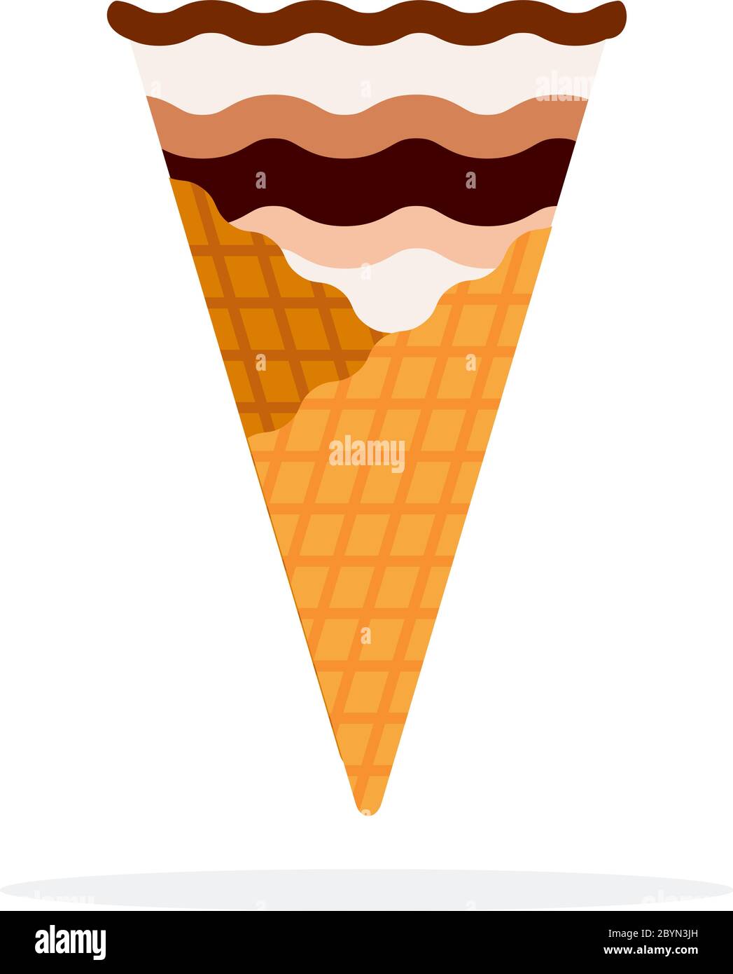 Waffle cone with layers of chocolate and vanilla ice cream flat