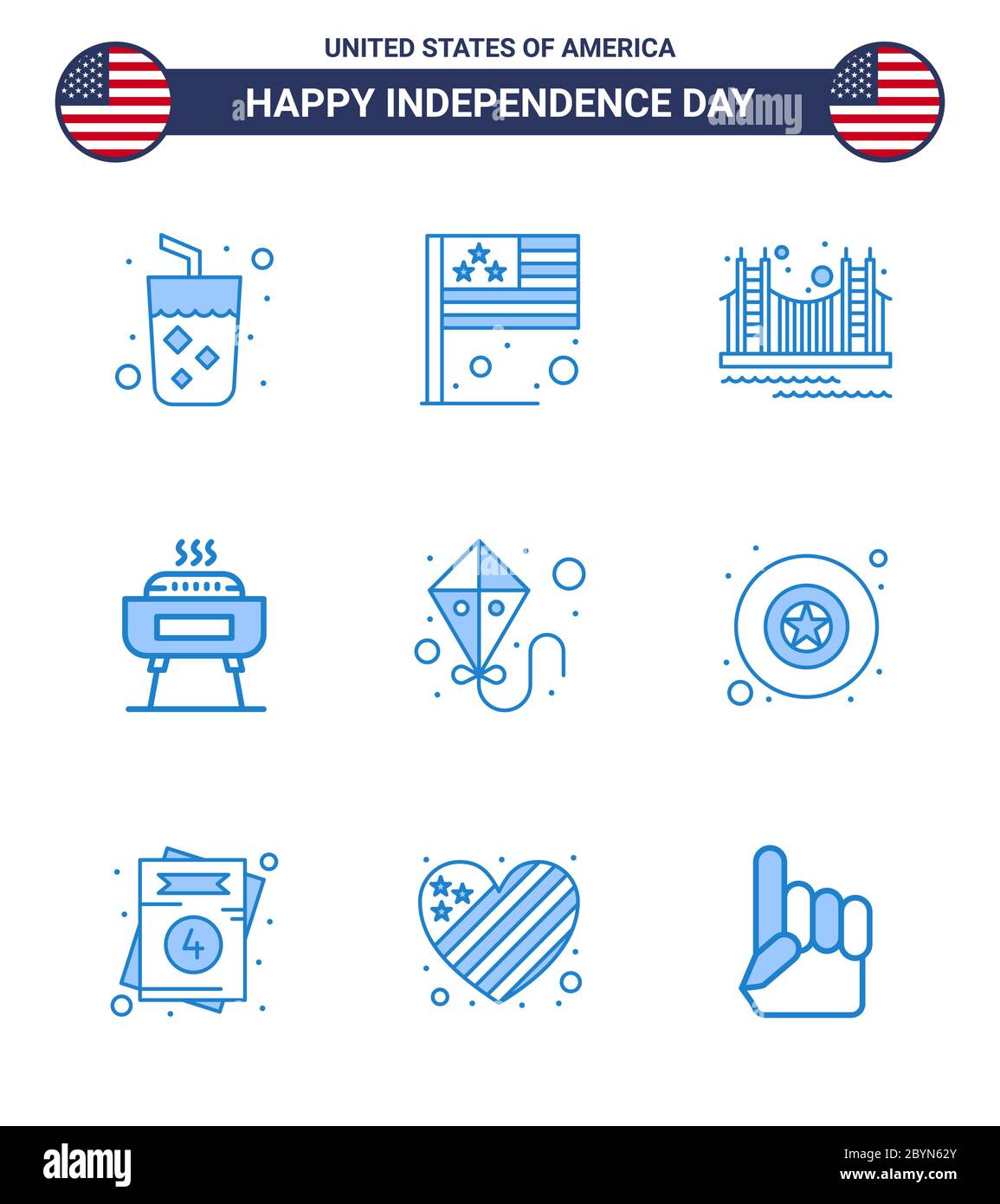 USA Independence Day Blue Set of 9 USA Pictograms of holiday; celebration; bridge; barbeque; tourism Editable USA Day Vector Design Elements Stock Vector