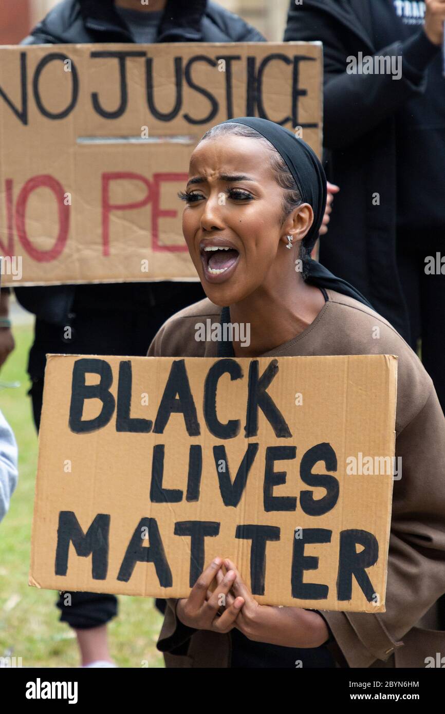 An ethnic woman shouting passionately during a Black Lives Matters protest, Parliament Square, London, 7 June 2020 Stock Photo
