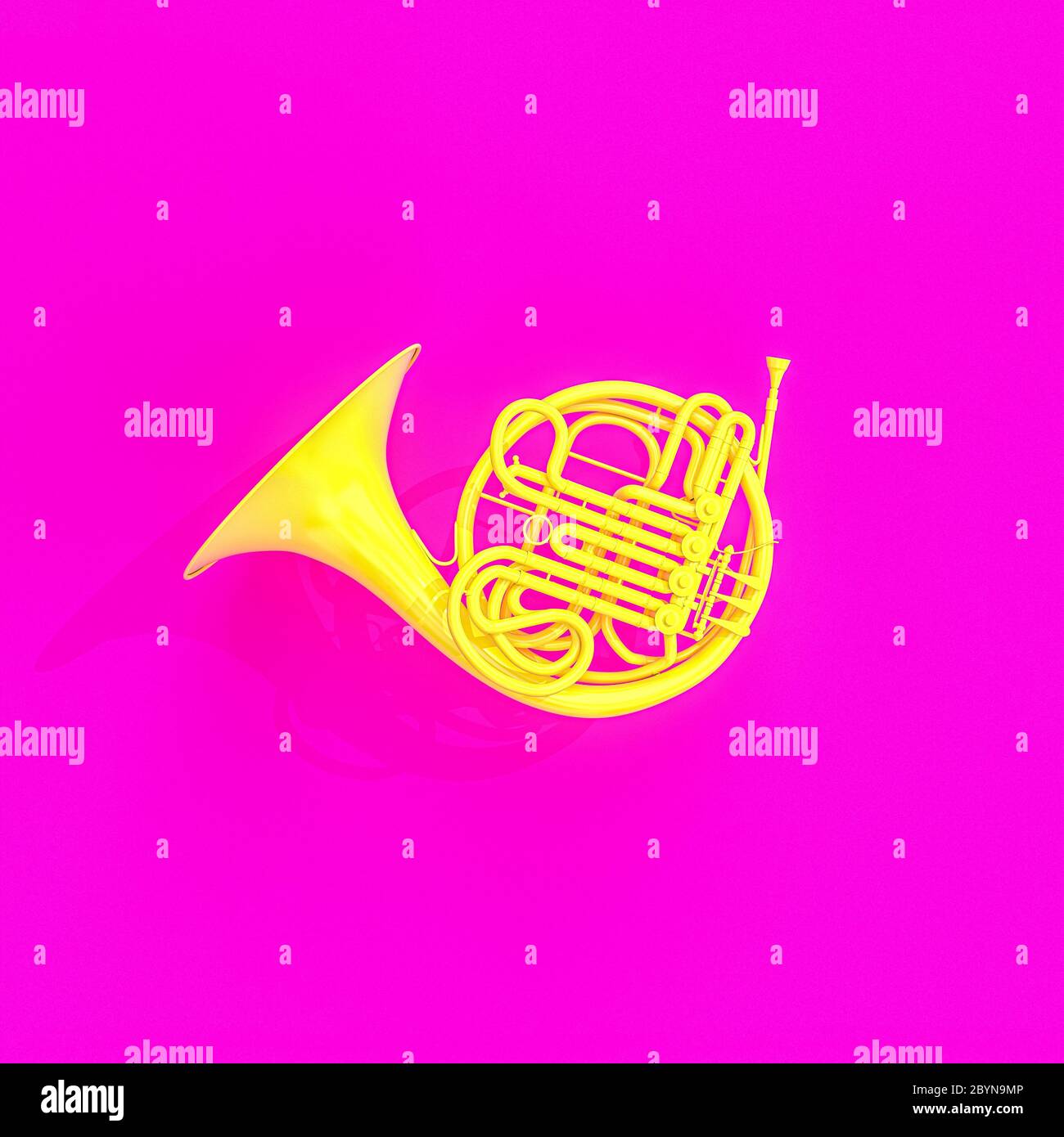 yellow musical instrument horn on a fuchsia background. 3d render. concept of music and art. Stock Photo