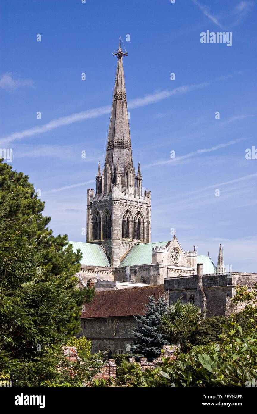 View of Chichester Cathedral across the gardens of the Bishop's Palace. West Sussex. Stock Photo