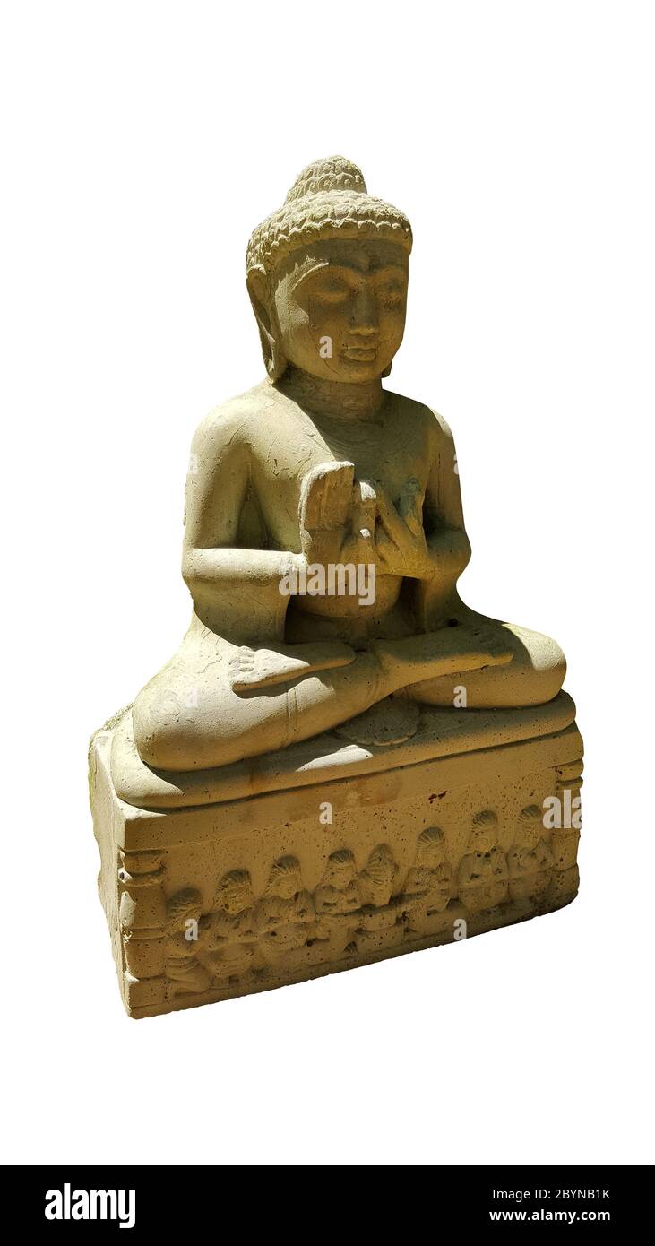 thai buddhism buddha bless statue with clipping paths isolated on white background, side view Stock Photo