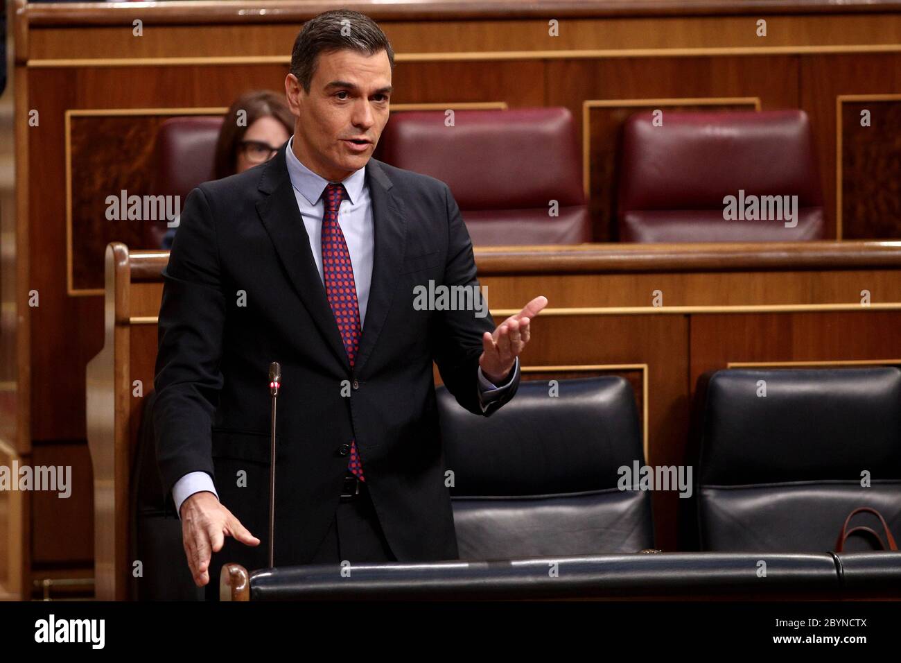 Madrid, Spain; 10/06/2020.- Pedro Sanchez, the Spanish president, wins the minimum vital income (IMV in spanish) vote and only the far-right Vox party votes against. The Minimum Vital Income is the income with which the State intends to combat poverty and inequality in the Kingdom of Spain, which is one of the highest in Europe. It will range between 461 and 1,100 euros.This vital income will reach 850,000 families, which group about 2.3 million people, and the Government plans that, in the first instance, the amount reach households with an income per unit of consumption of less than about 23 Stock Photo