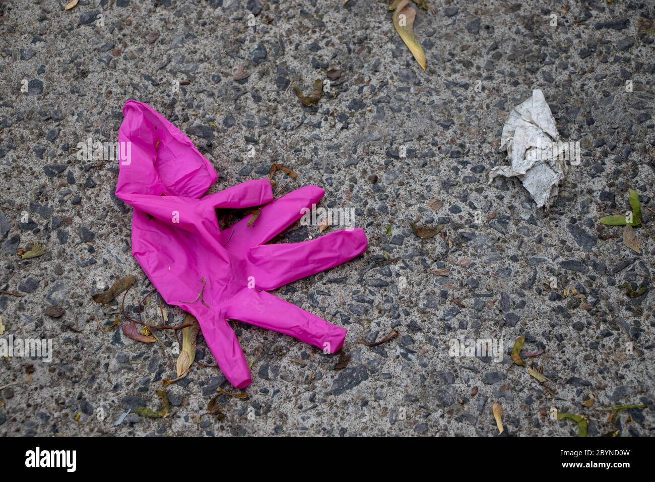 Used medical pink glove on the ground during Coronavirus COVID-19 Pandemic, close up view from above Stock Photo