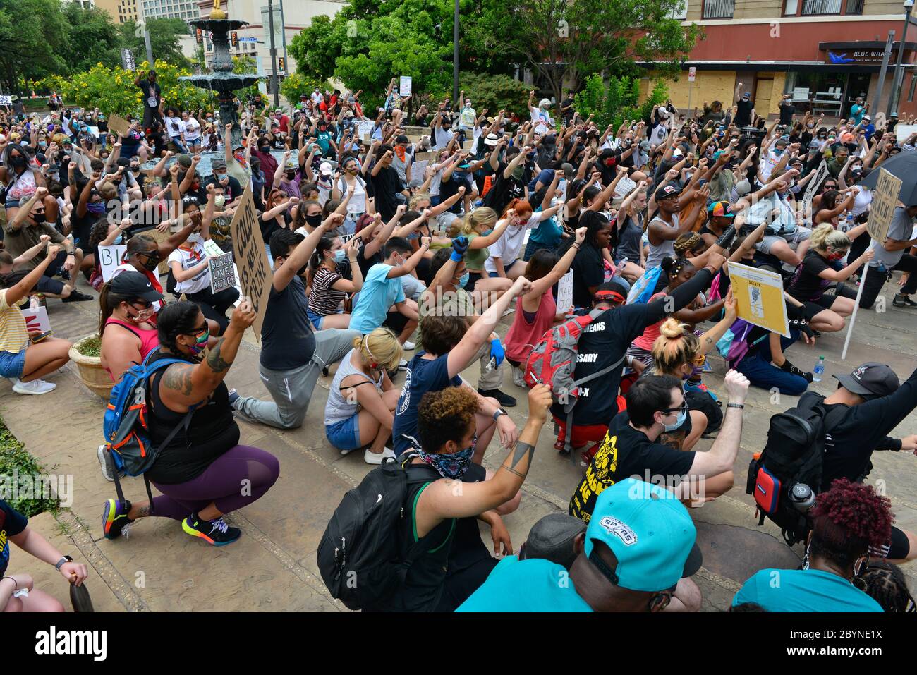 Black Lives Matter demonstrators marched through downtown San Antonio to protest the killings of Marquise Jones and Charles Roundtree by San Antonio Police.Marchers went from the city's Milam Park to the Bexar County Courthouse. The demostration was peaceful and no arrests were made. Stock Photo