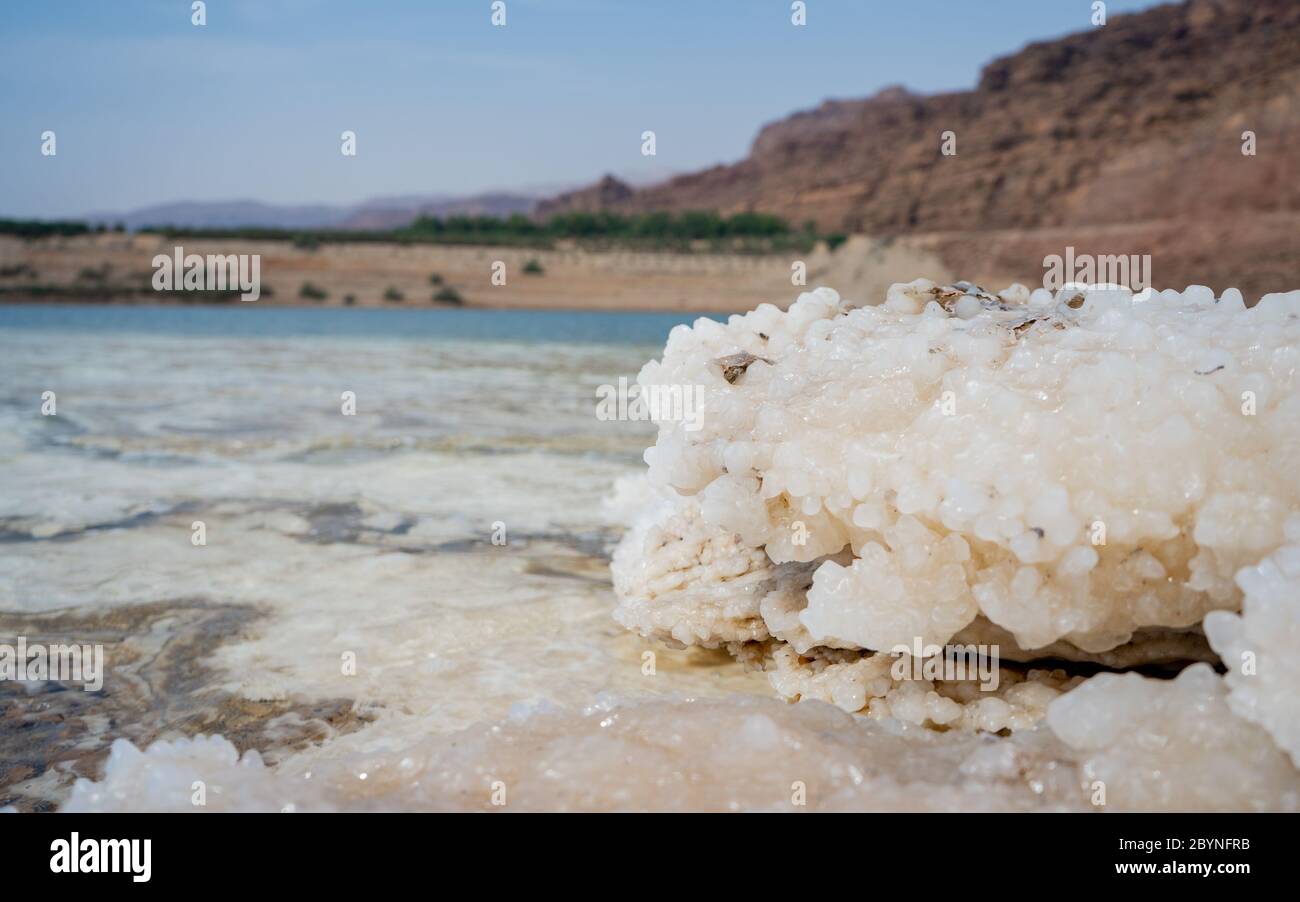 Natural salt crystals at the Dead Sea - the lowest point on earth. Pure ...