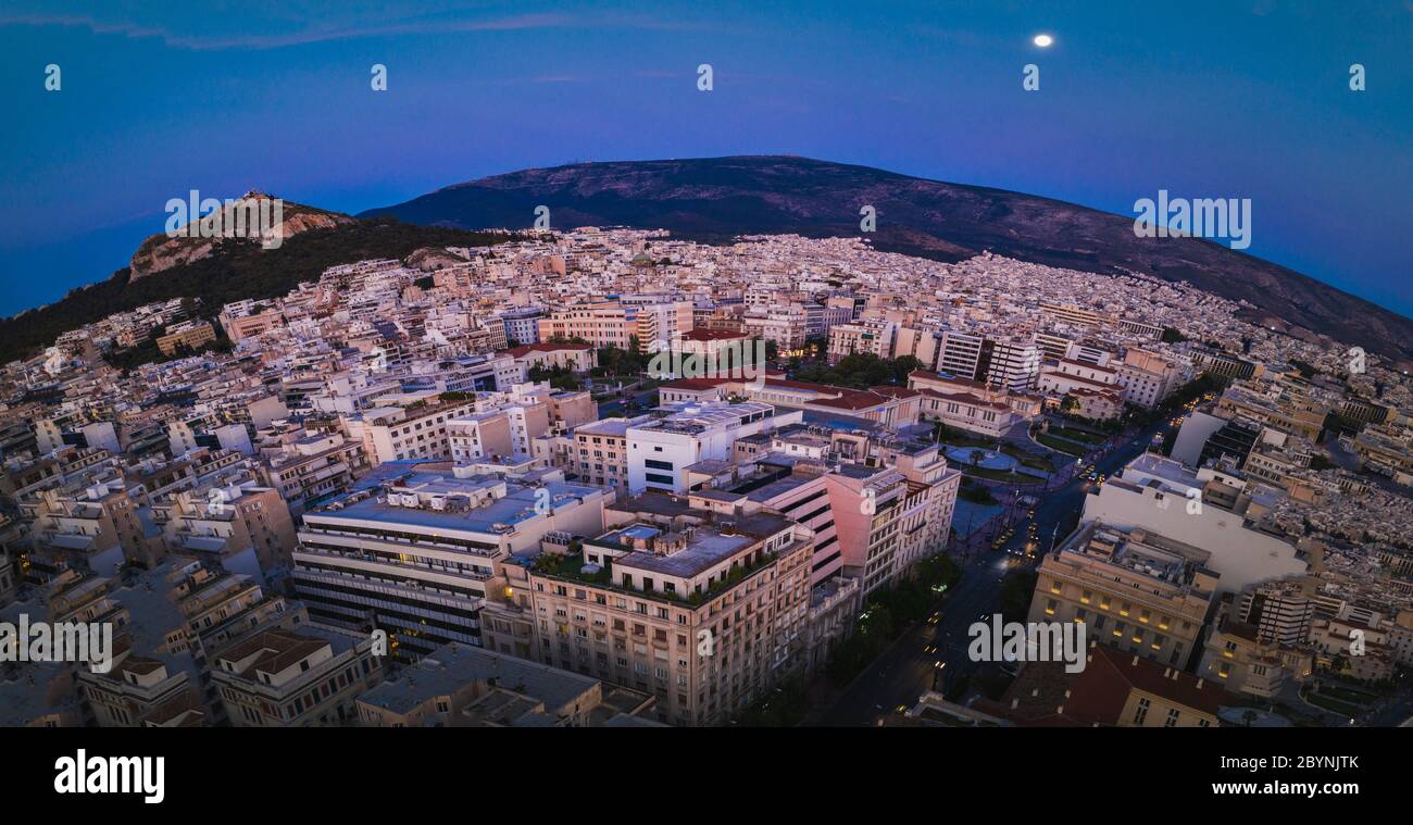 Panoramic View over Athens by Sunrise with old city downtown and long ...