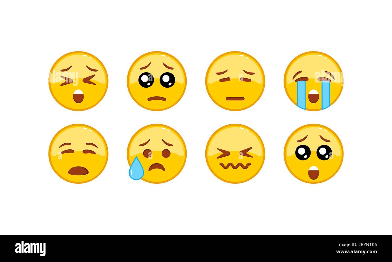Sad, upset emoticon icon set. Smiley, emoticons. Facial expression on isolated white background. EPS 10 vector. Stock Vector