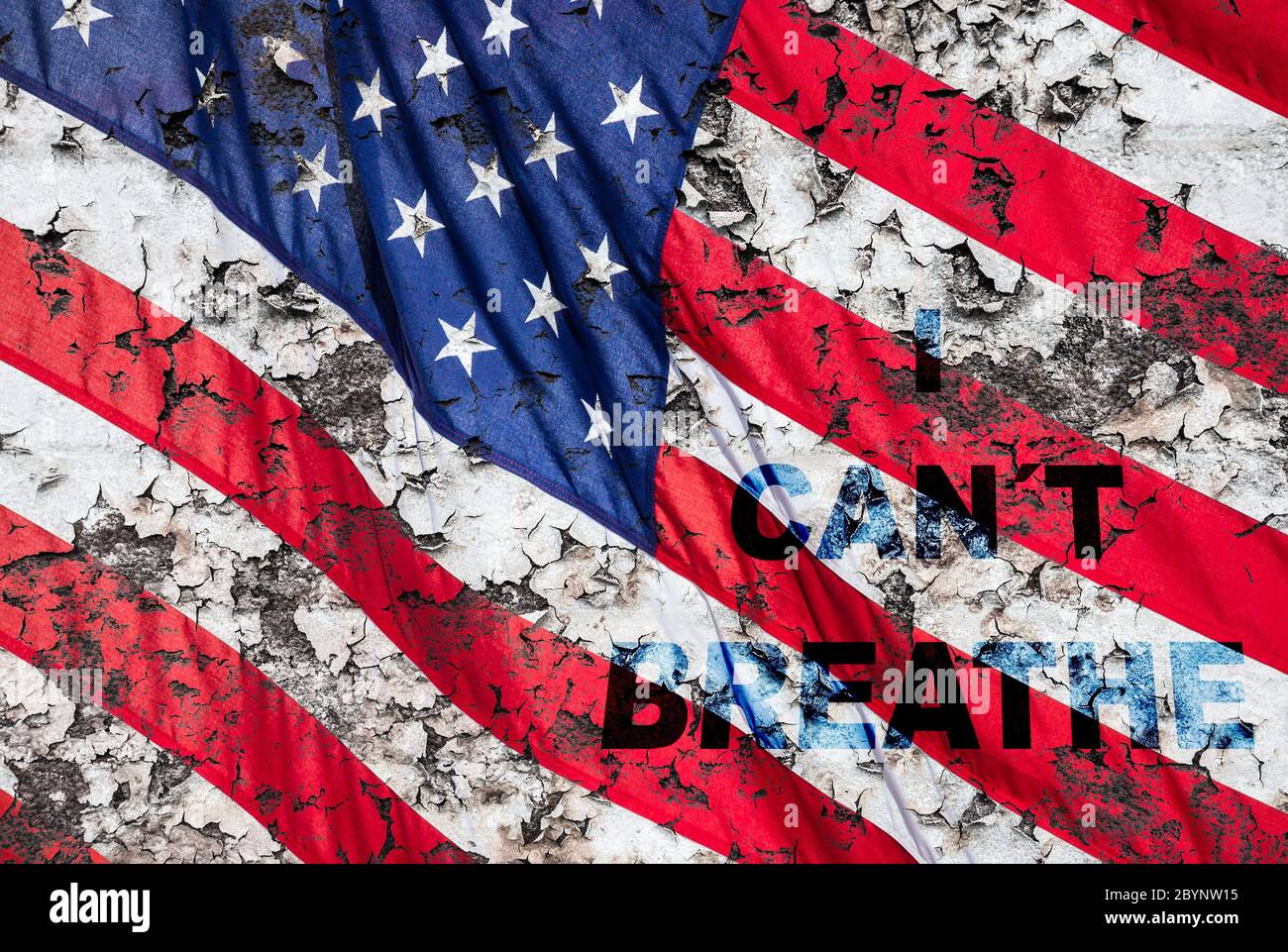 Black lives matter, I can't breathe concept image. Stars and Stripes flag. Stock Photo