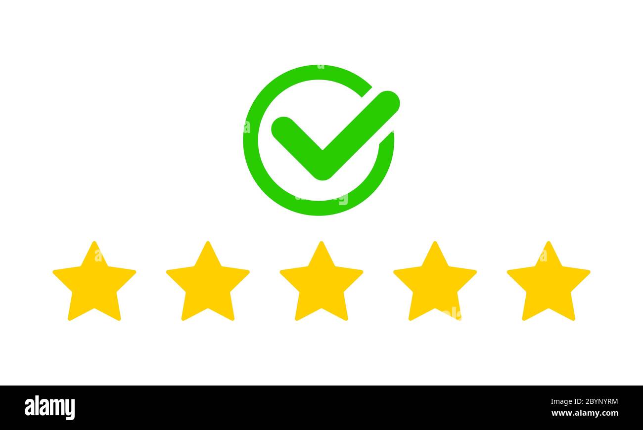 Product ratings, five stars with check mark or golden star, quality