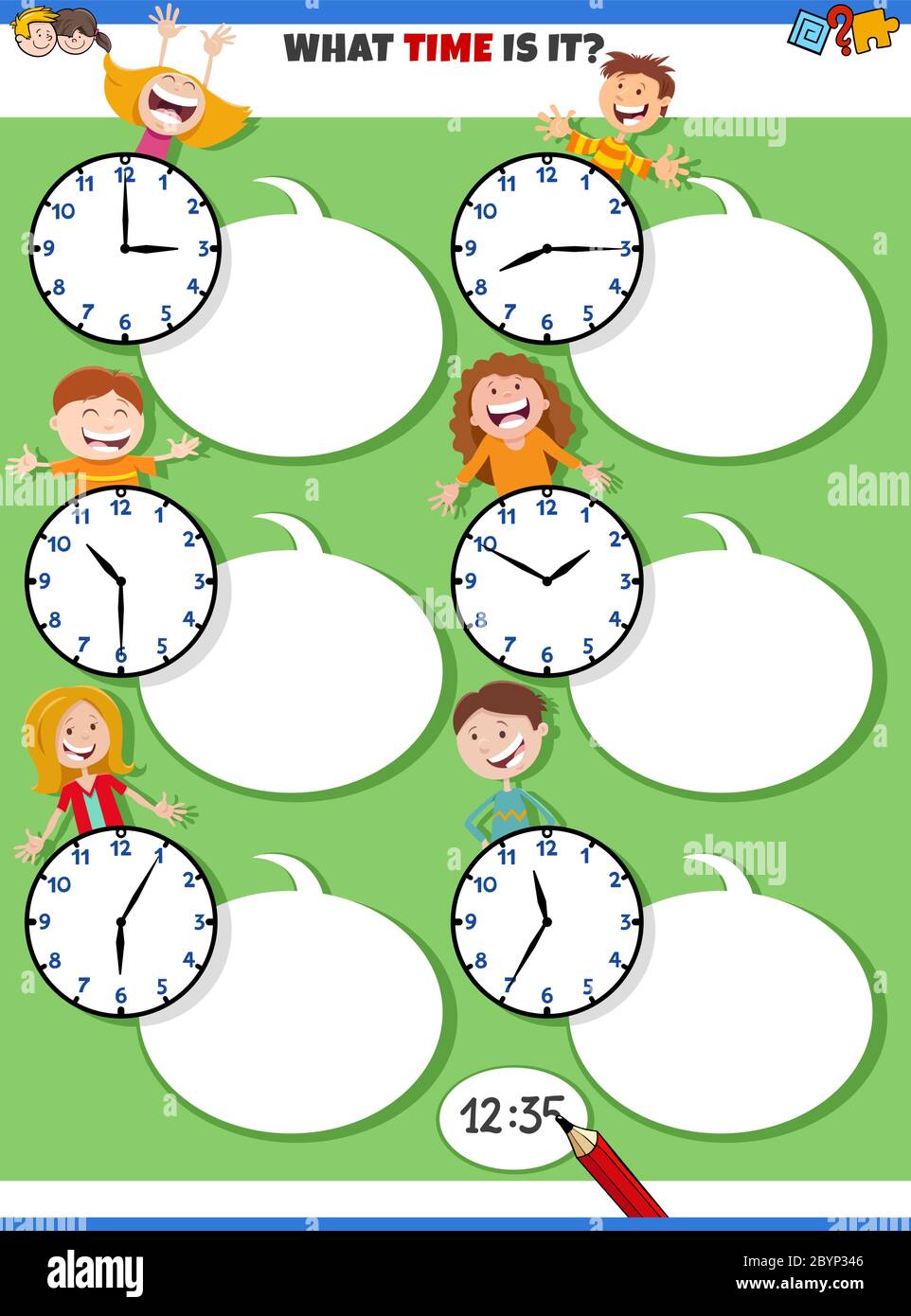 Cartoon Illustrations of Telling Time Educational Activity with Clock Face and Happy Children