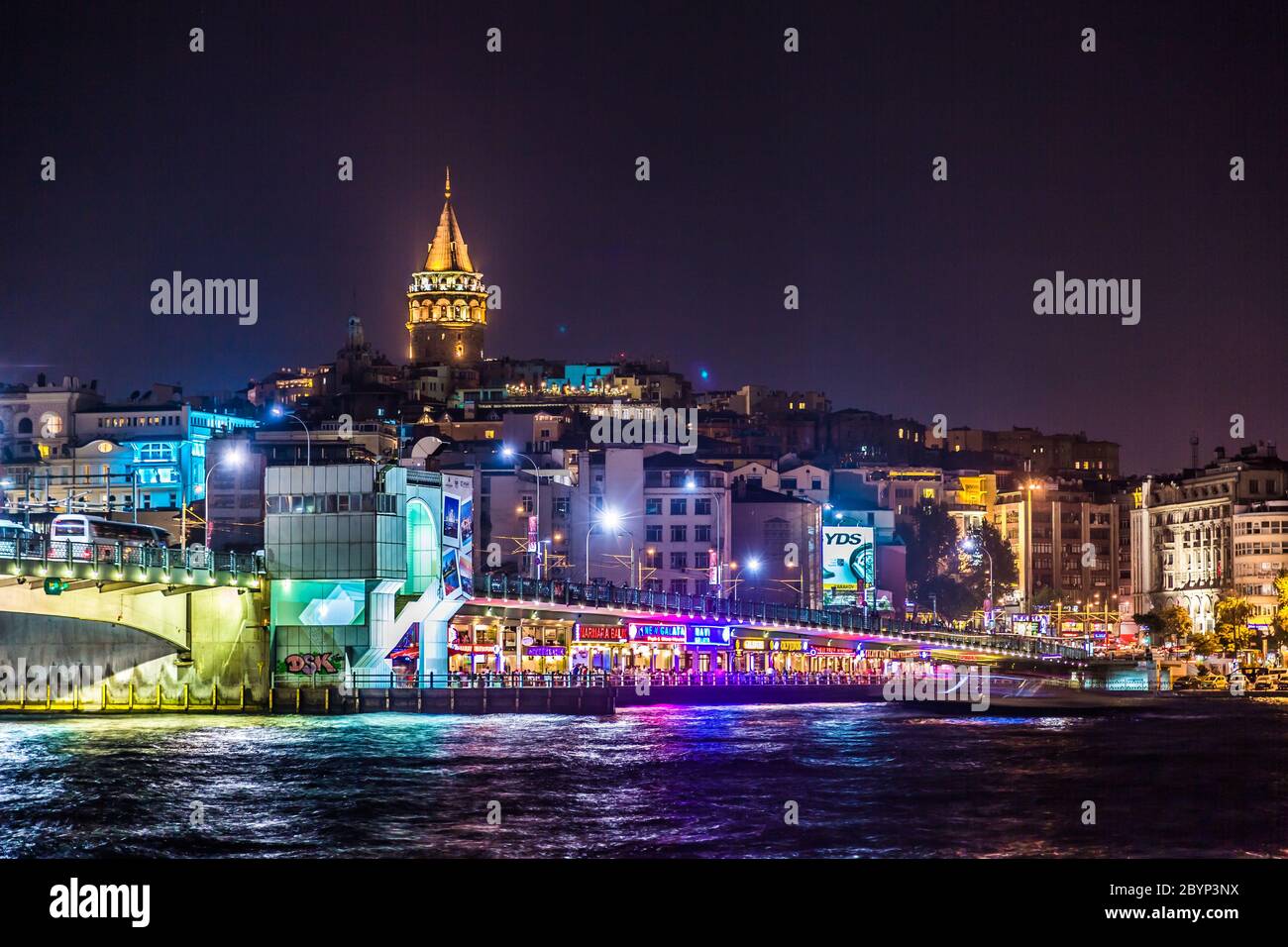 View of Istanbul and Galata tower and bridge at night Stock Photo - Alamy