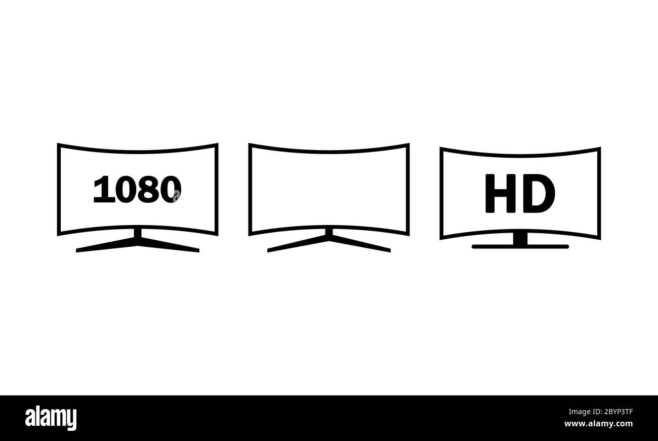 4k ultra hd curved screen tv icon set on isolated white background. EPS 10 vector. Stock Vector