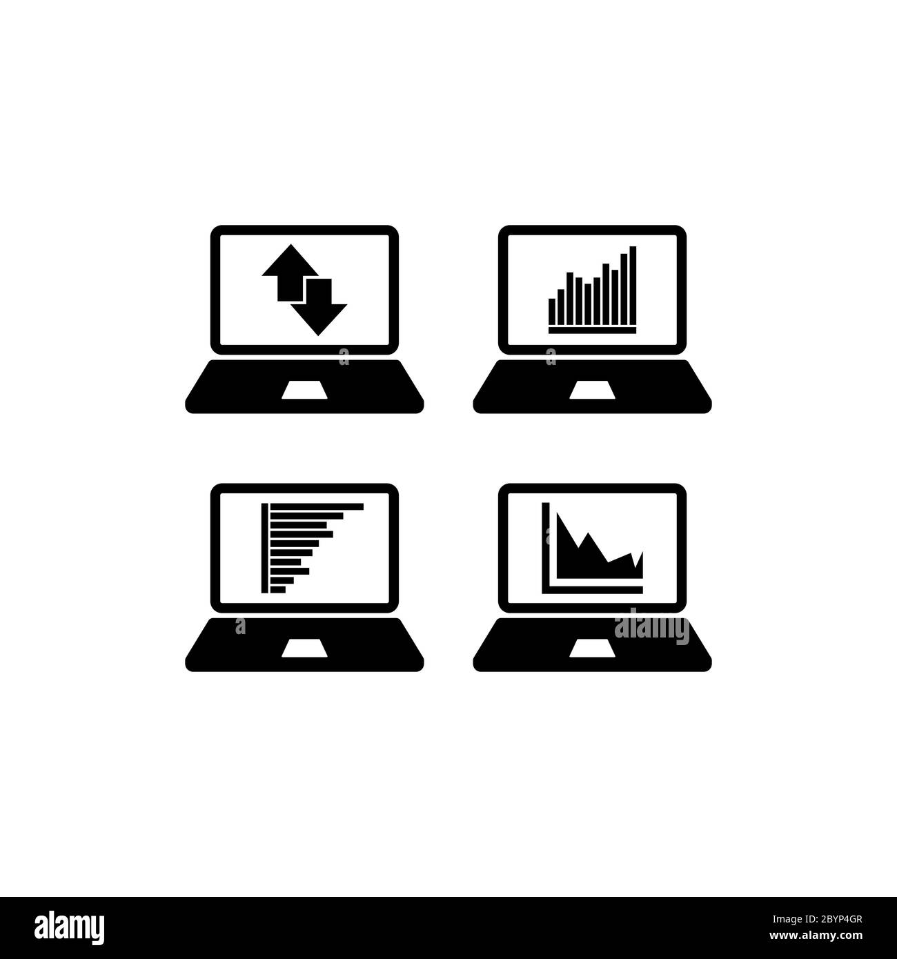 Set of charts and graphs on laptop. Statistics, pictogram, data set on isolated white background. EPS 10 vector Stock Vector