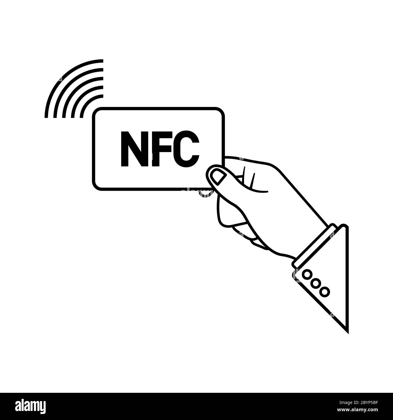 Hand holding credit card NFC. Payment icon via NFC technology. Contactless card payment systems. Vector on isolated white background. EPS 10 Stock Vector