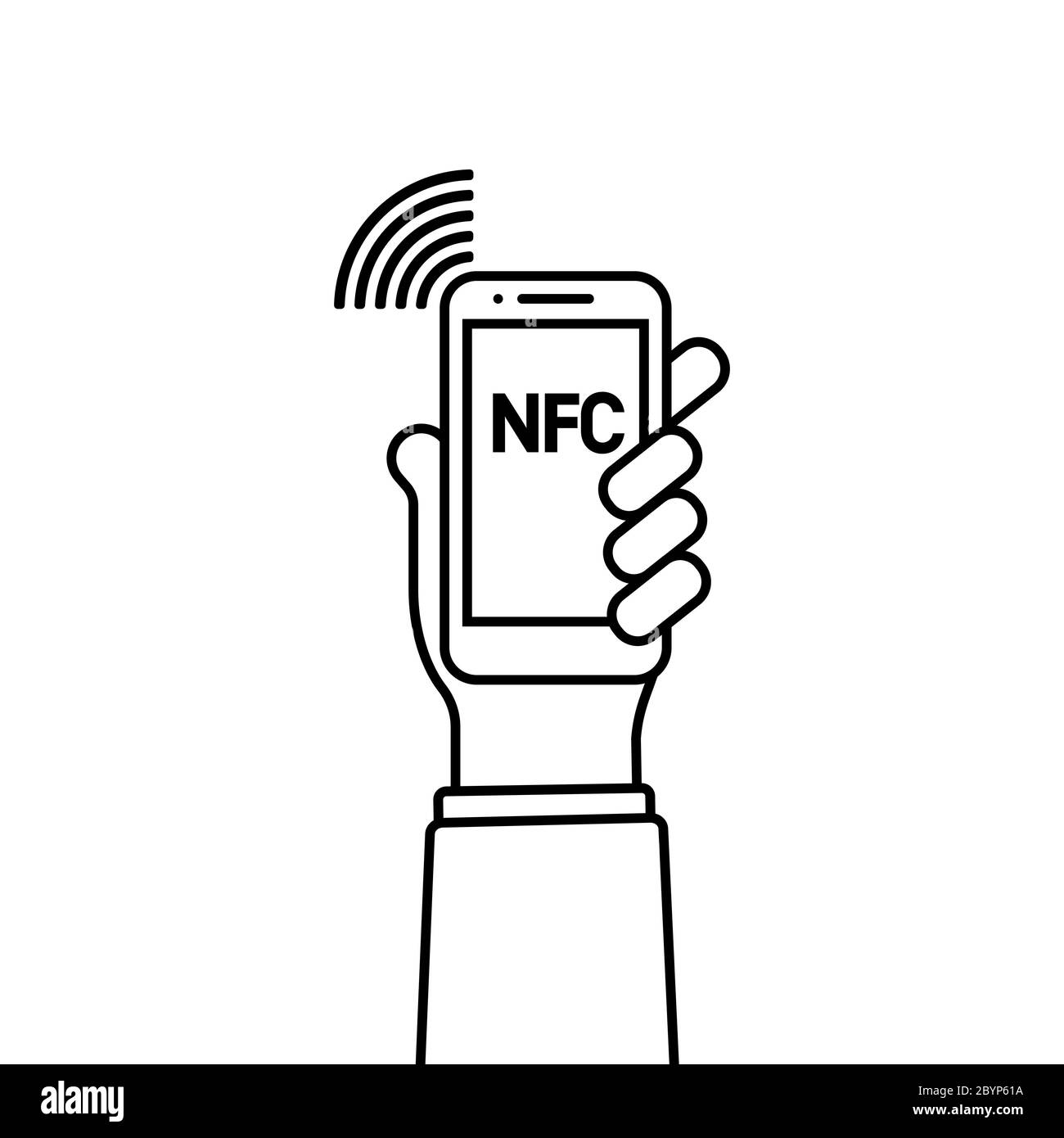 Hand holds phone NFC. Payment icon via NFC technology. Contactless card payment systems. Vector on isolated white background. EPS 10. Stock Vector