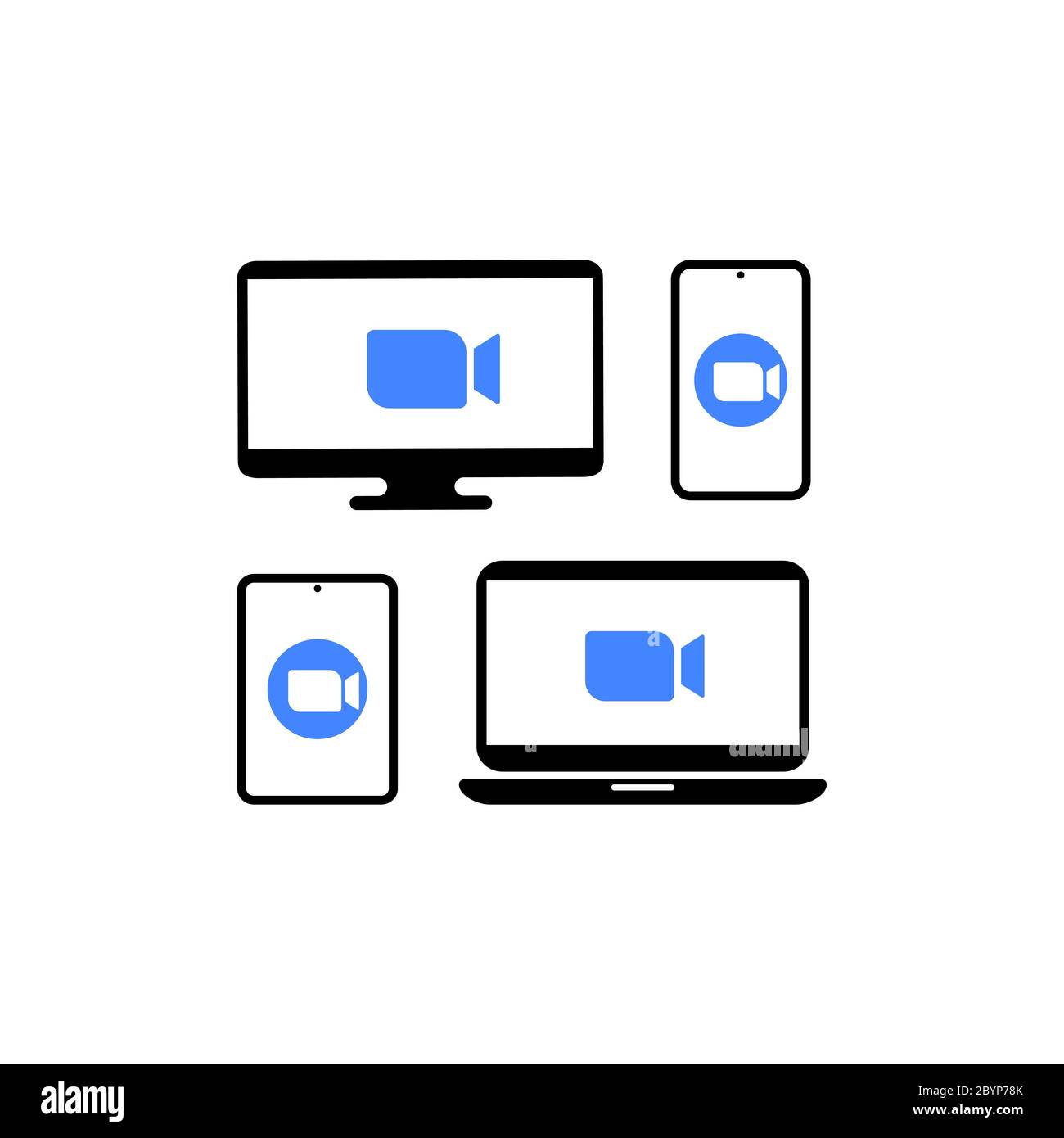 Blue camera icon. Devices with a video call. Monitor, tablet ...
