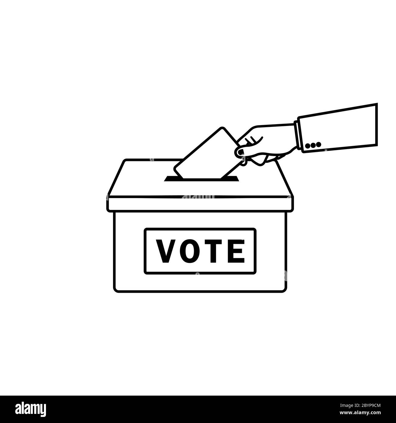 Vote. Hand putting paper in the ballot box. Voting concept in outline style on an isolated background. EPS 10 vector. Stock Vector