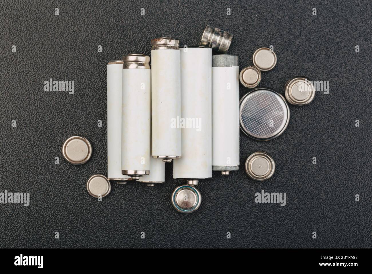 close up of battery positive poles on black backgrounds. intended focused Stock Photo