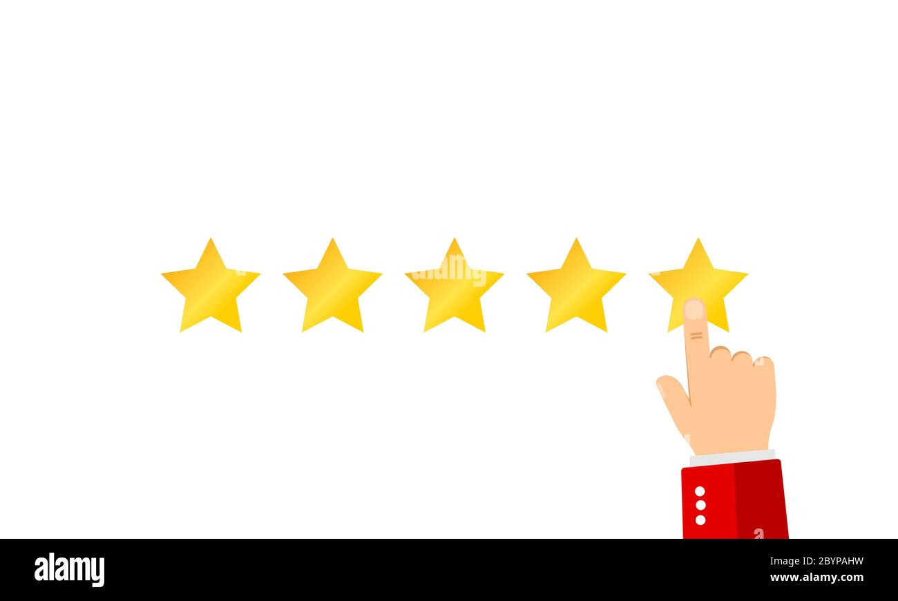 Businessman hand giving five star rating. Customer reviews, user feedback concept. EPS 10 vector Stock Vector