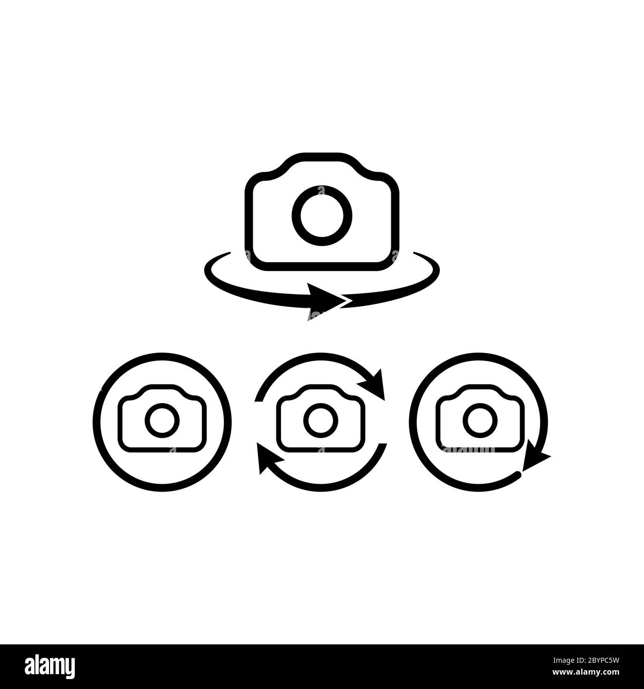 Camera 360-degree view. Panorama camera photo icon set on isolated white background. Front camera swap. Eps 10 vector Stock Vector