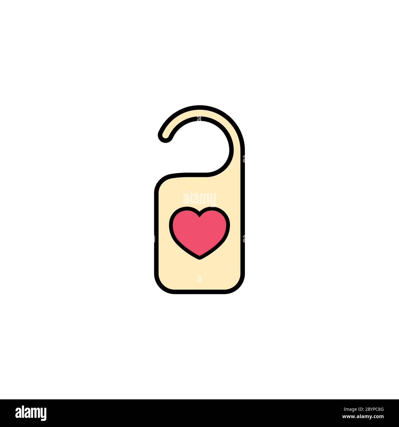 Hotel door label with red heart icon flat. Do not disturb. Love stories symbol. Valentines day concept. Vector on isolated white background. Eps 10. Stock Vector
