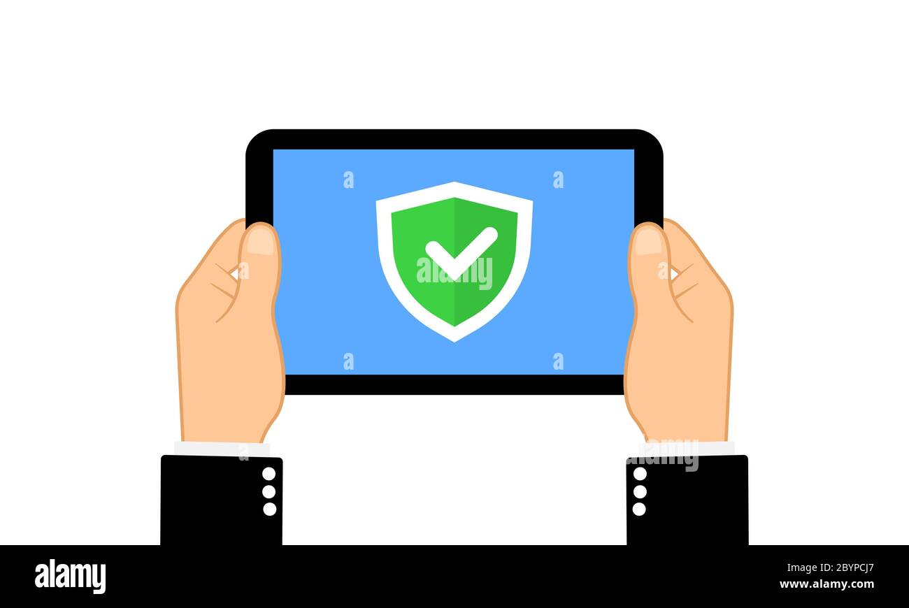 Hands holding tablet computer with check mark tick in the shield . Flat design on isolated background. Eps 10 vector. Business, protection, safety Stock Vector