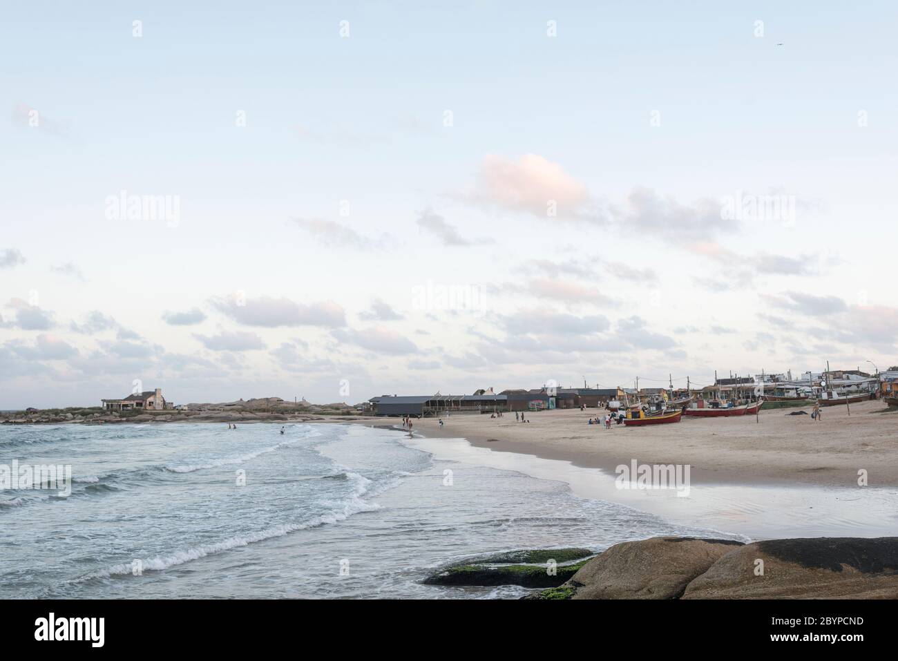 Punta del Diablo, Rocha / Uruguay: Dec 31, 2018: Peaceful seascape, Fishermen beach a summer afternoon Stock Photo