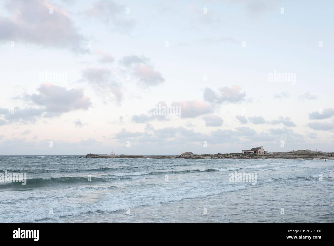 Peaceful seascape, Fishermen beach in Punta del Diablo, Rocha, Uruguay, a summer afternoon Stock Photo