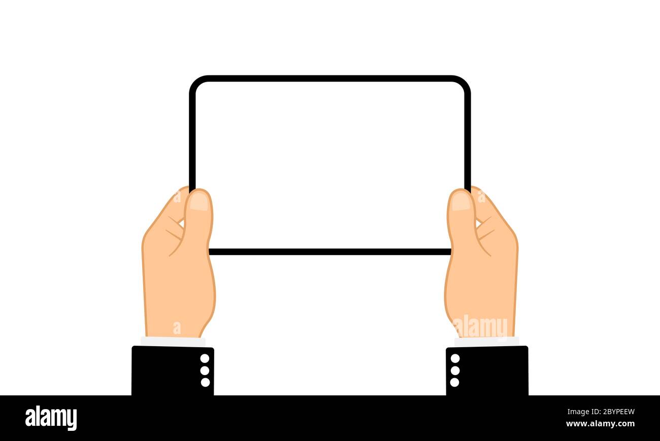 Hands holding tablet computer with blank screen. Flat design concept on ...