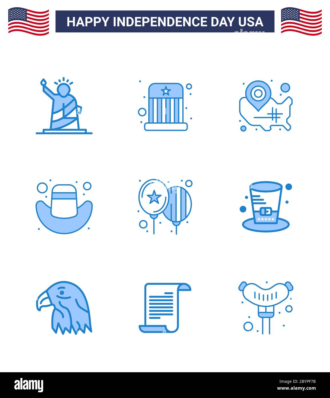 9 USA Blue Pack of Independence Day Signs and Symbols of balloons; cap