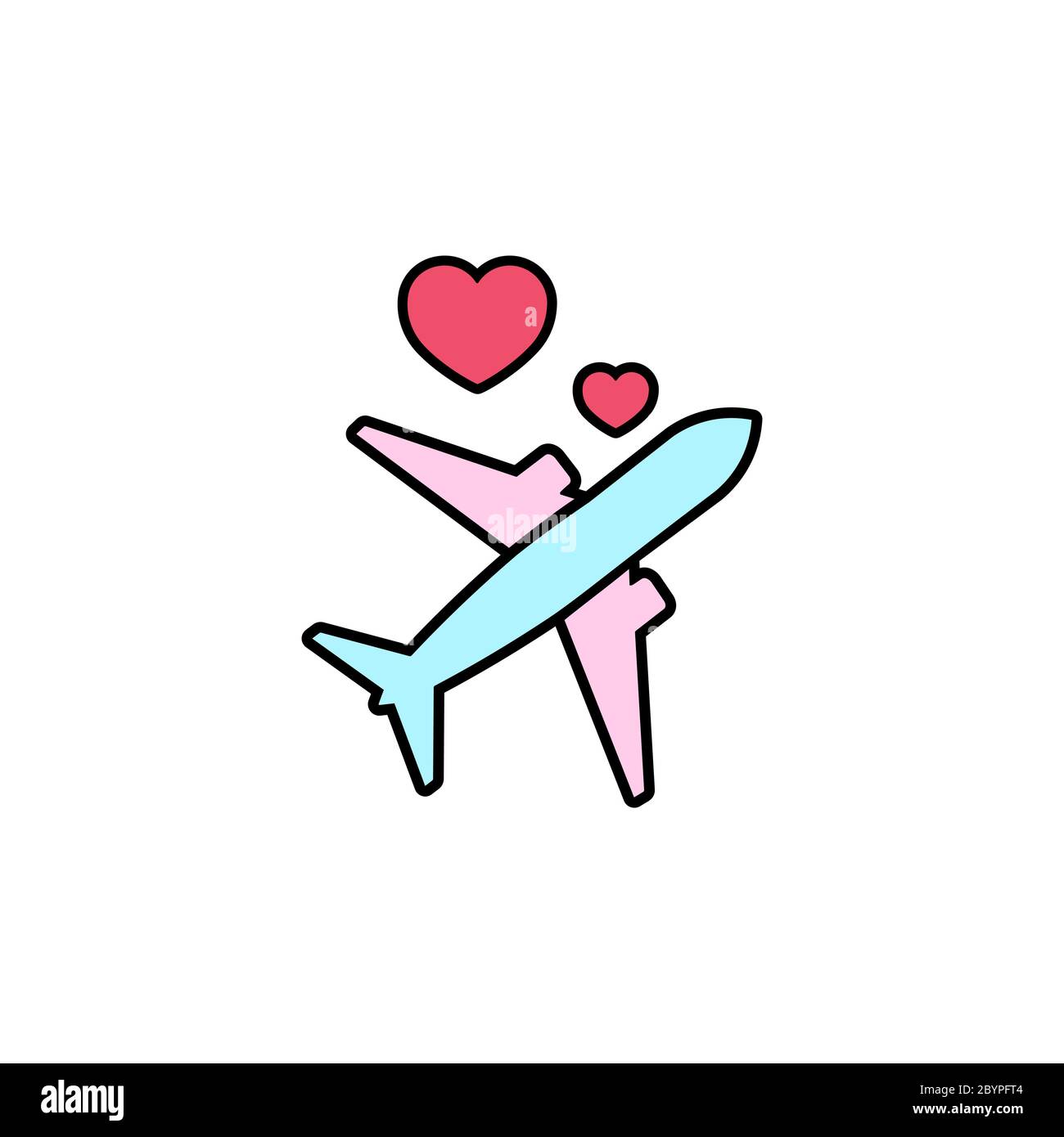 Love travel, airplane with hearts icon flat. Love stories symbol ...