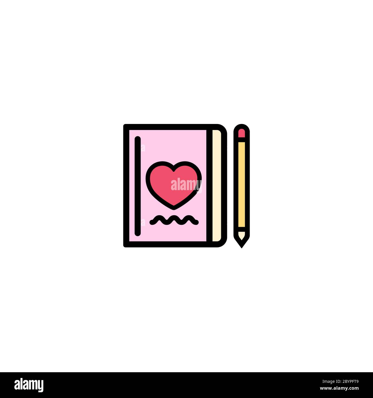 Notebooks, pencil, hearts icon flat. Love stories symbol. Valentines ...