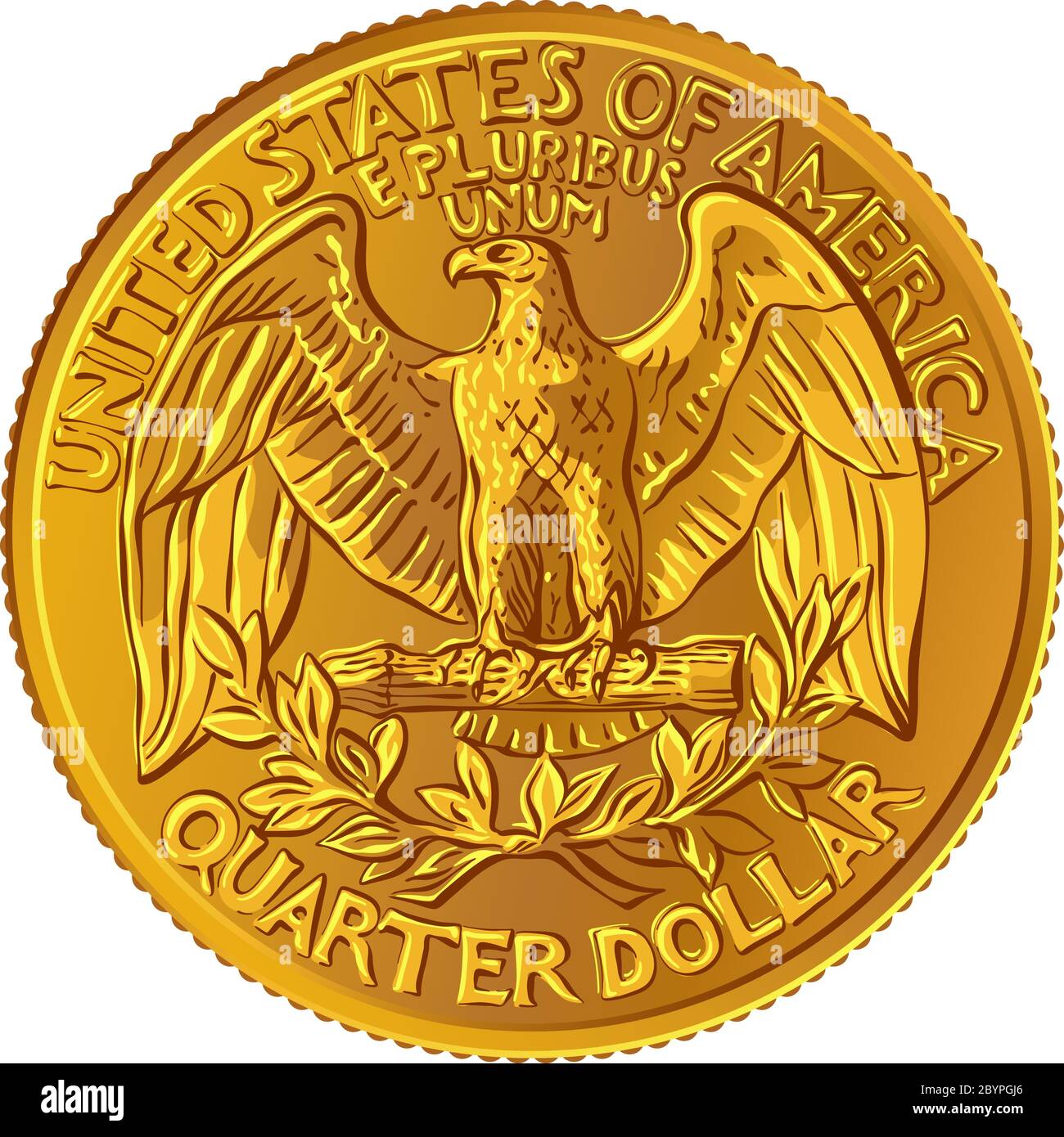 American money, United States Washington quarter dollar or 25-cent Gold coin, the national bird of USA Bald eagle with wings spread on reverse Stock Vector