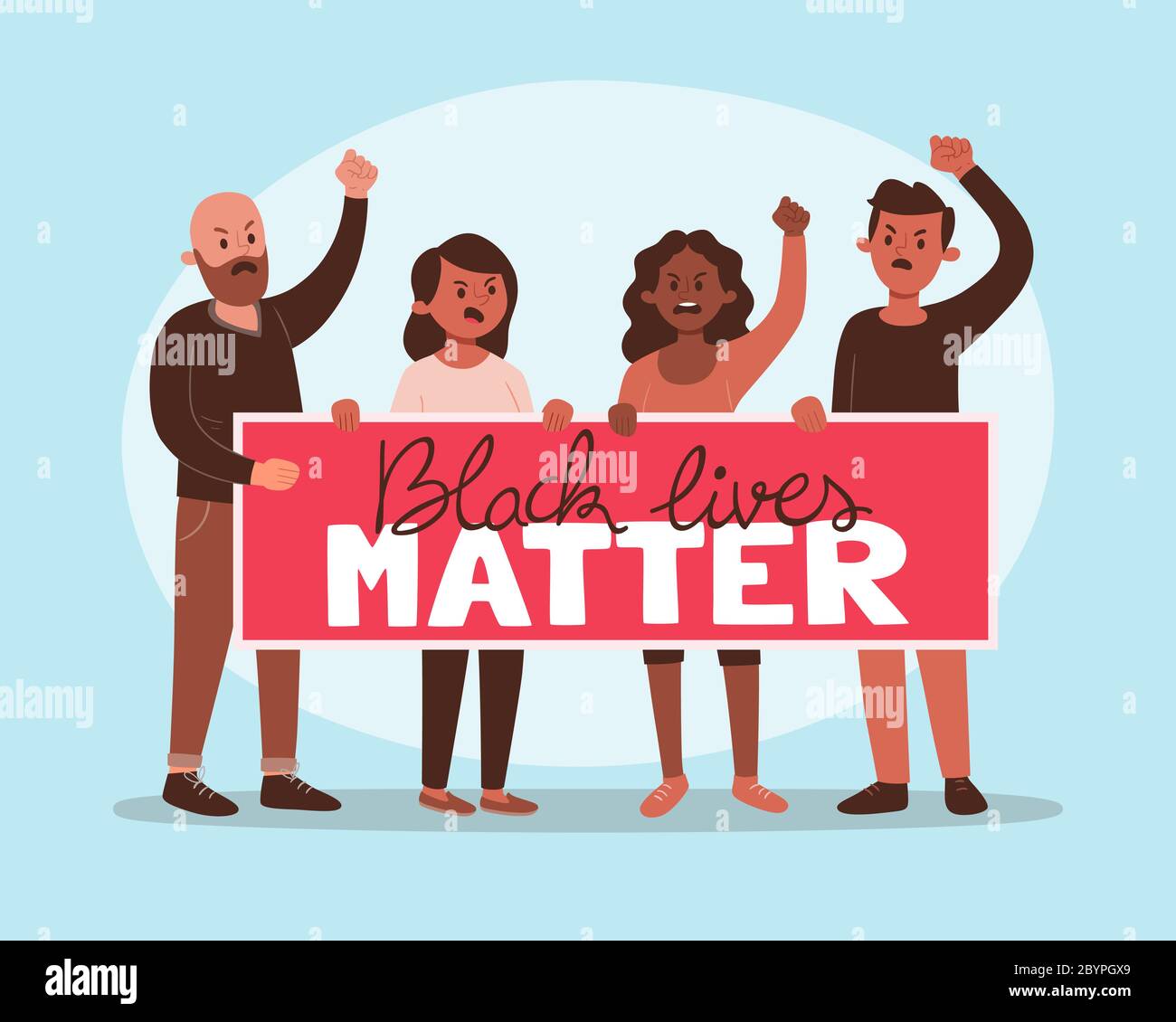 Black lives matter concept. Four angry activists holding a protesting banner against racism. Cartoon illustration about human rights of black people. Stock Vector