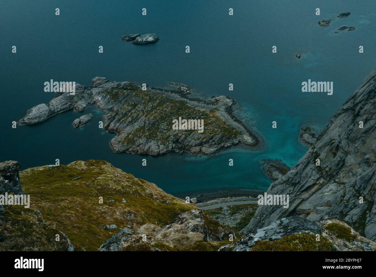 View from mount Festvagtinden above the village of Henningsvaer in Norway. Cloudy day. Travel concept. Lofoten Stock Photo