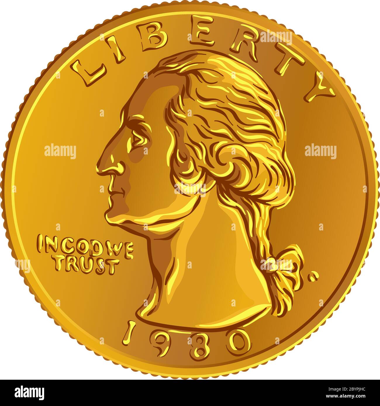 American money, United States Washington quarter dollar or 25-cent Gold coin, first United States president profile George Washington on obverse Stock Vector