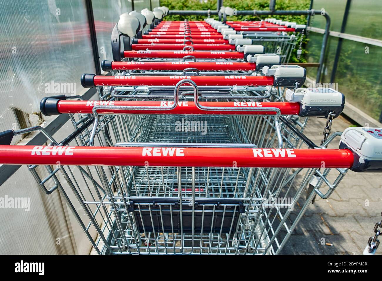 Berlin, Germany June 10, 2020 View of a row of shopping carts in a