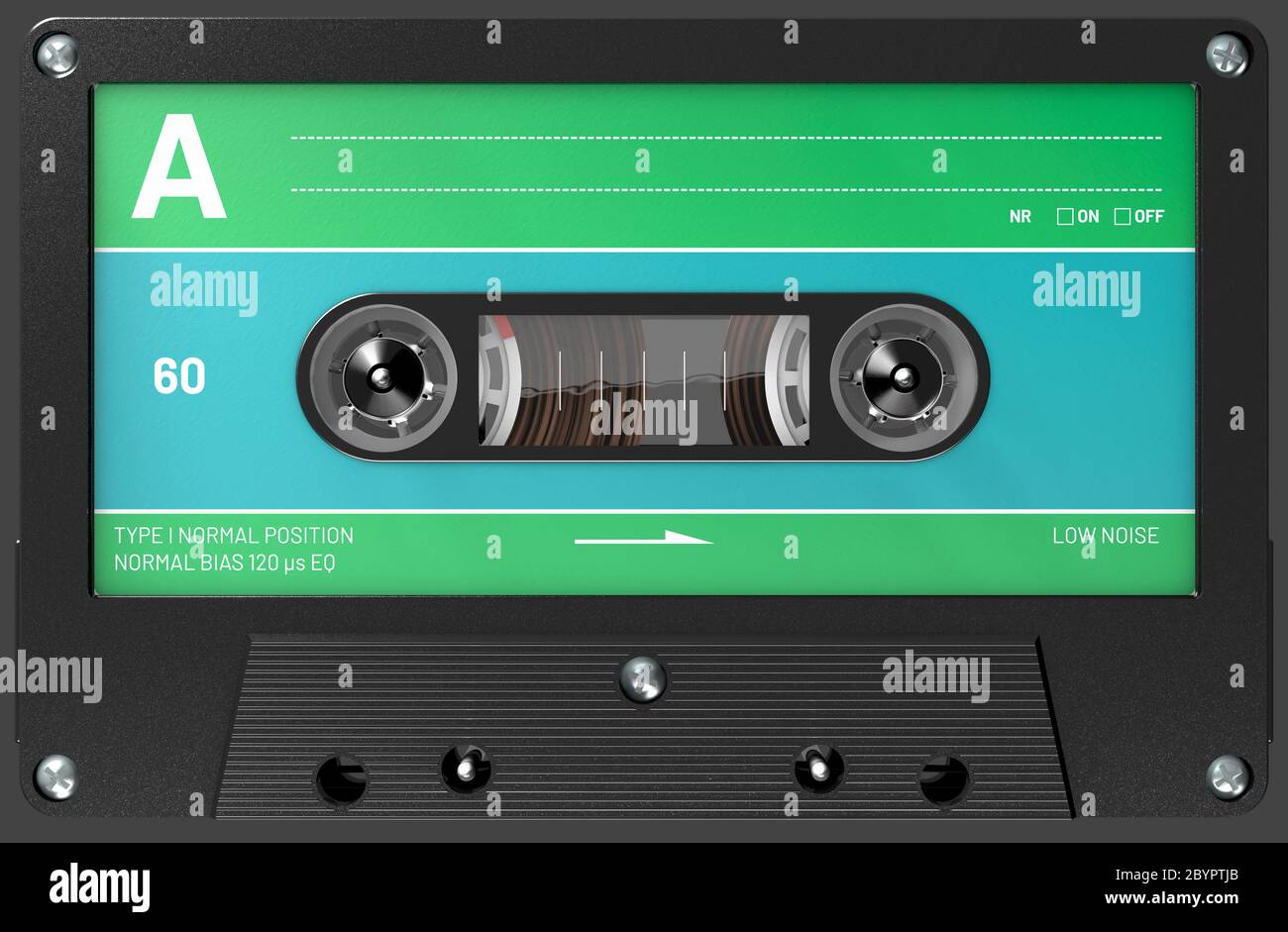 3d illustration of an green,blue and black audio cassette with sticker and label Stock Photo