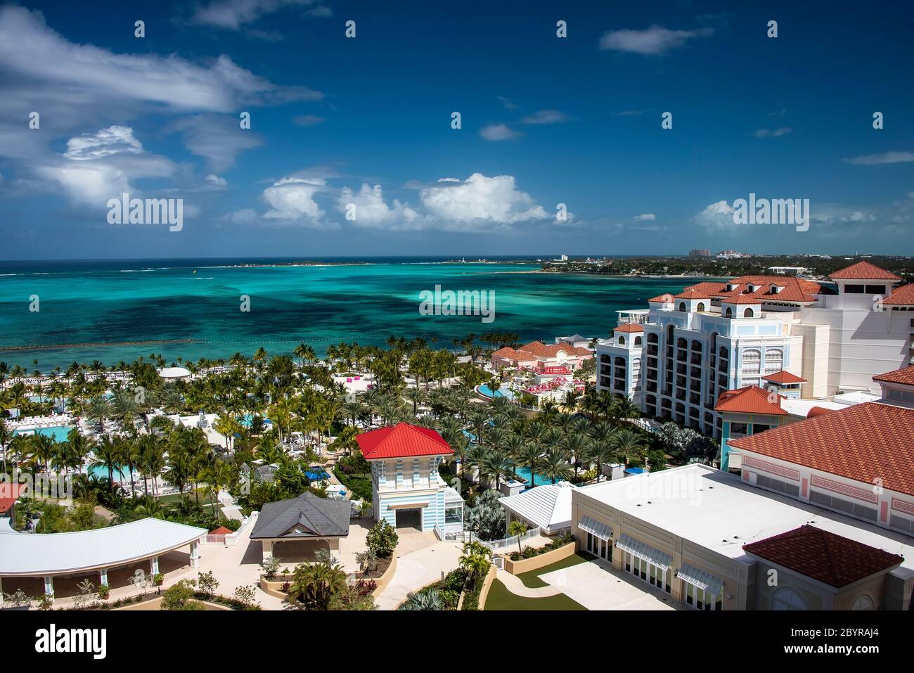 The Caribbean Sea and the resort destination in the island of Nassau, Bahamas Stock Photo