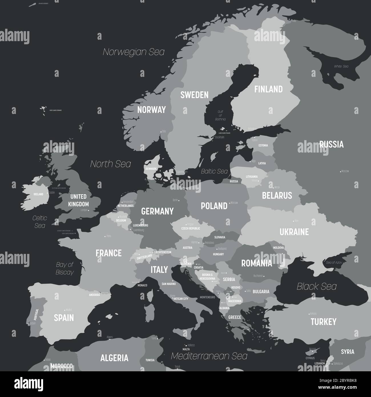 Europe map - grey colored on dark background. High detailed political map of european continent with country, capital, ocean and sea names labeling. Stock Vector