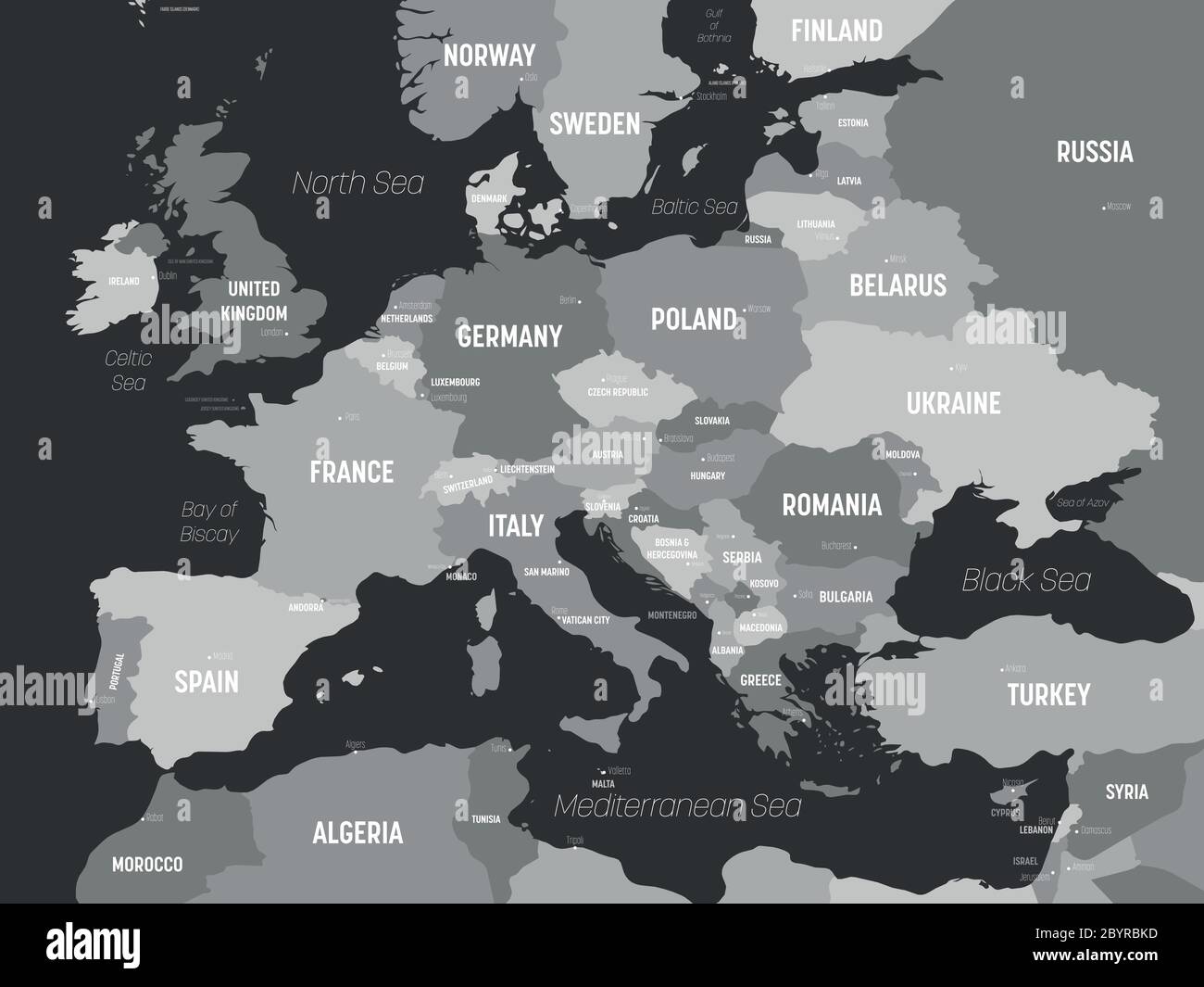 Europe map - grey colored on dark background. High detailed political map of european continent with country, capital, ocean and sea names labeling. Stock Vector
