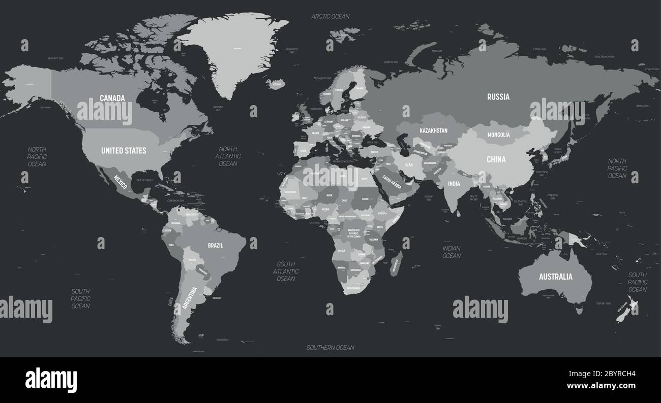 World map - grey colored on dark background. High detailed ...