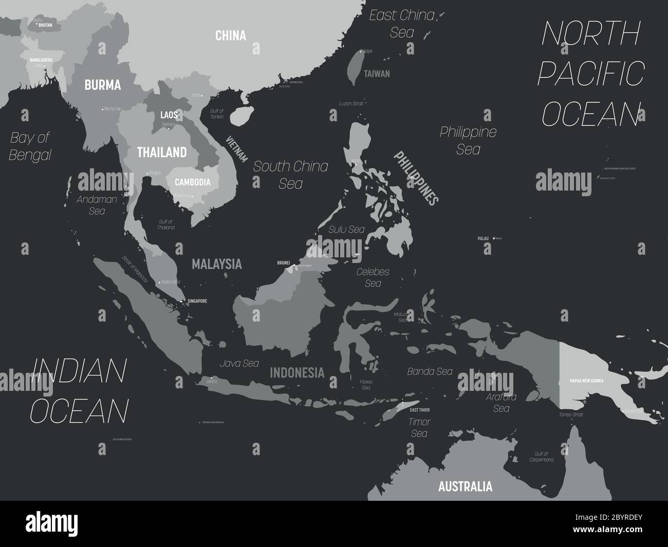 Southeast Asia map - grey colored on dark background. High detailed political map of southeastern region with country, capital, ocean and sea names labeling. Stock Vector