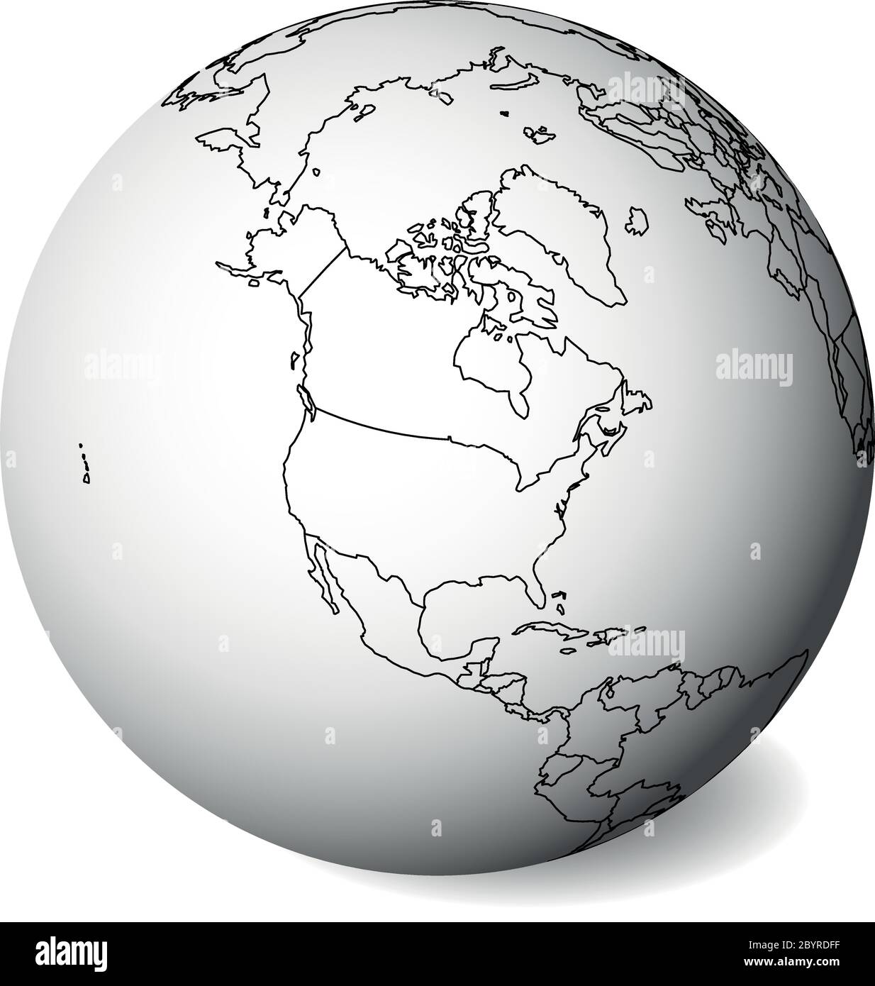 Blank political map of North America. 3D Earth globe with black outline map. Vector illustration. Stock Vector