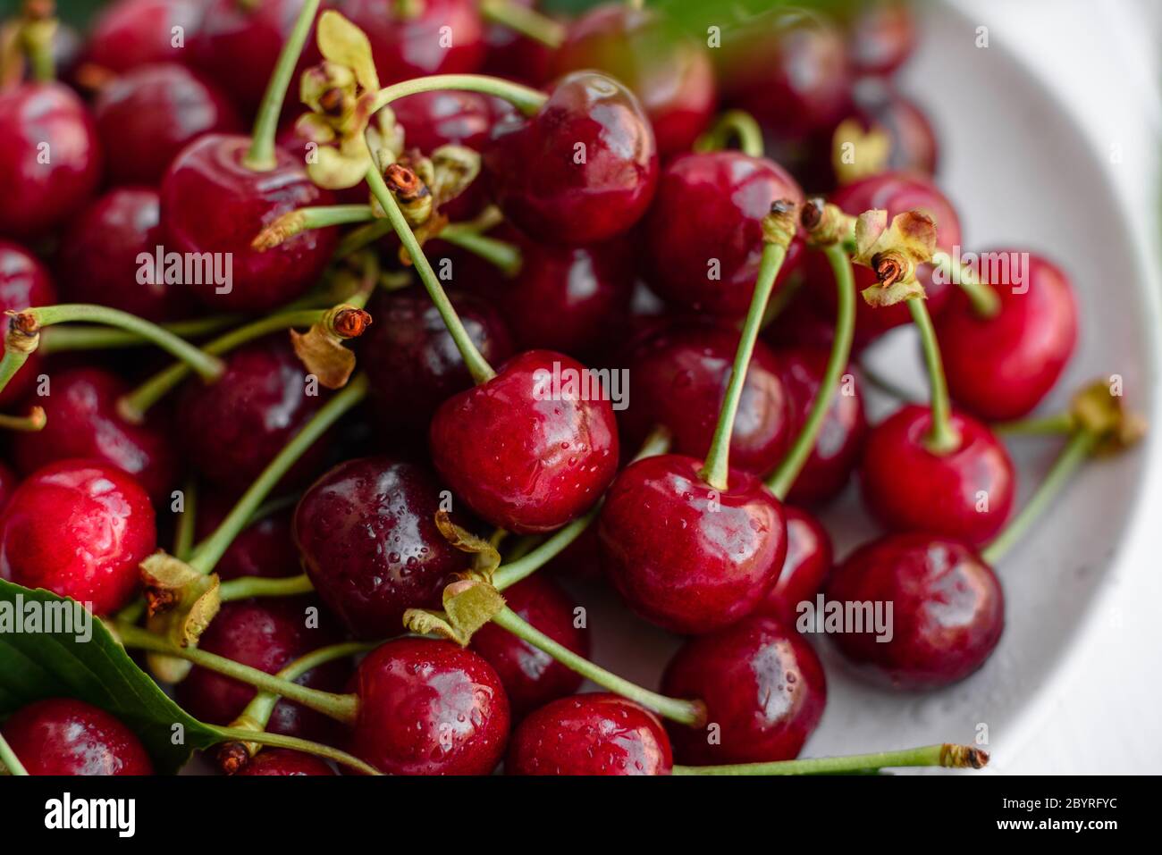 Close up of pile of ripe cherries with stalks and leaves. Large ...